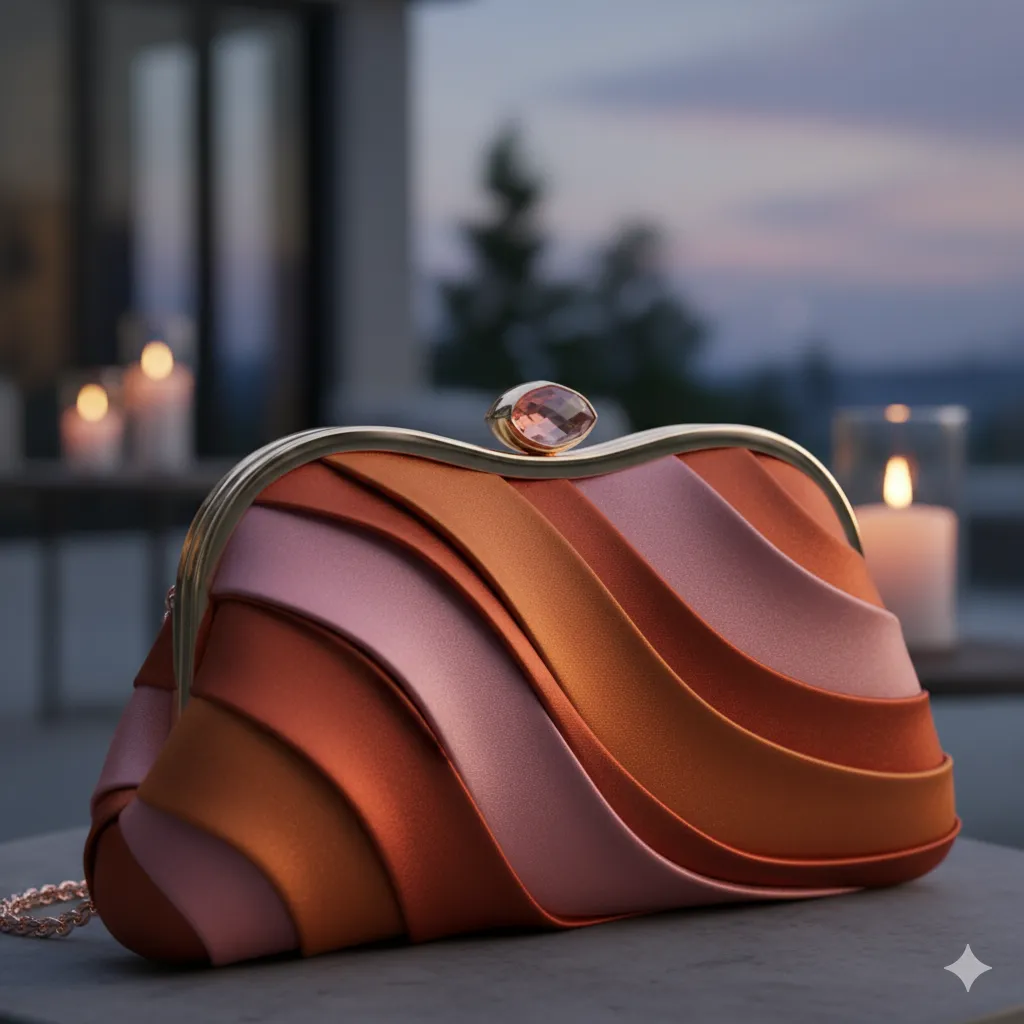 Evening clutch with curved fabric panels in rose and rust